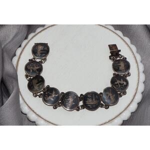 Vintage Siam 925 Black Nielloware Enamel Oval Link Bracelet 12.7G / 6.75in